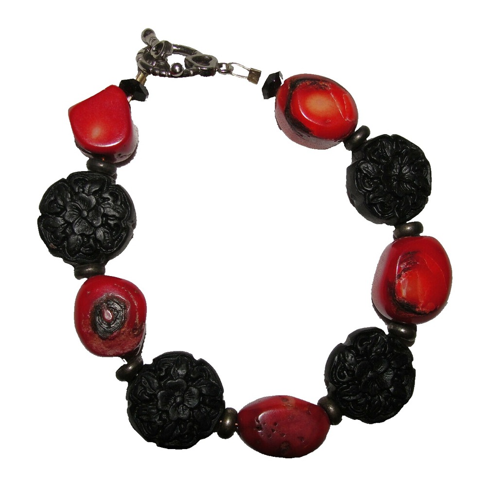 Red and Black Carved Floral Bead Chunky Toggle Bracelet Statement Boho Jewelry